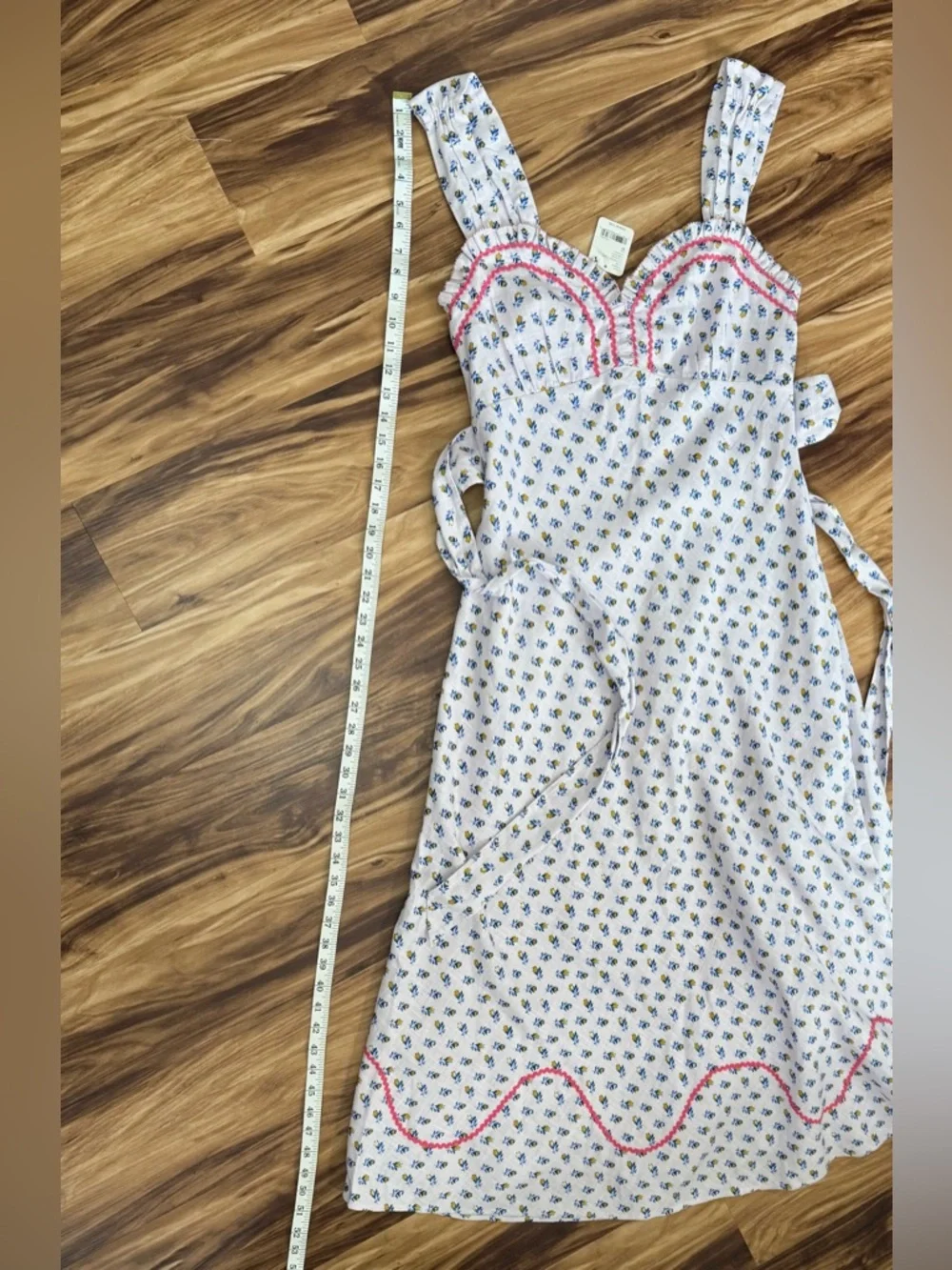Free People White Midi Dress with Blue Floral Print and Pink Trim